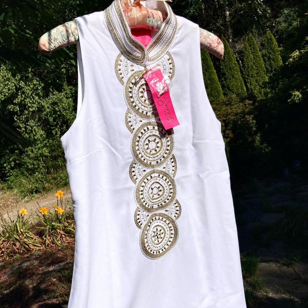 Lilly Pulitzer white and gold embroidered dress